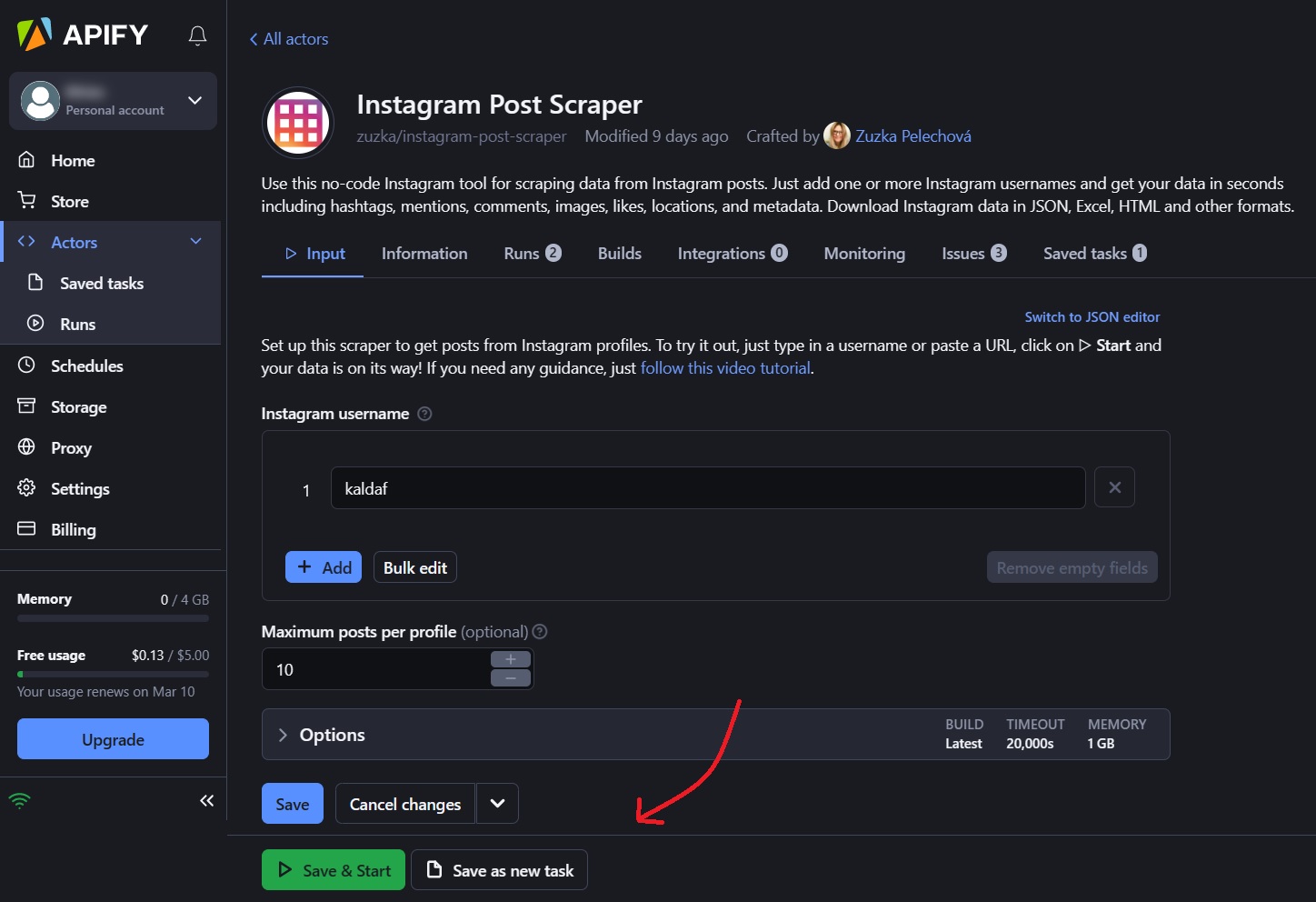 Uložení Instagram Post Scraper