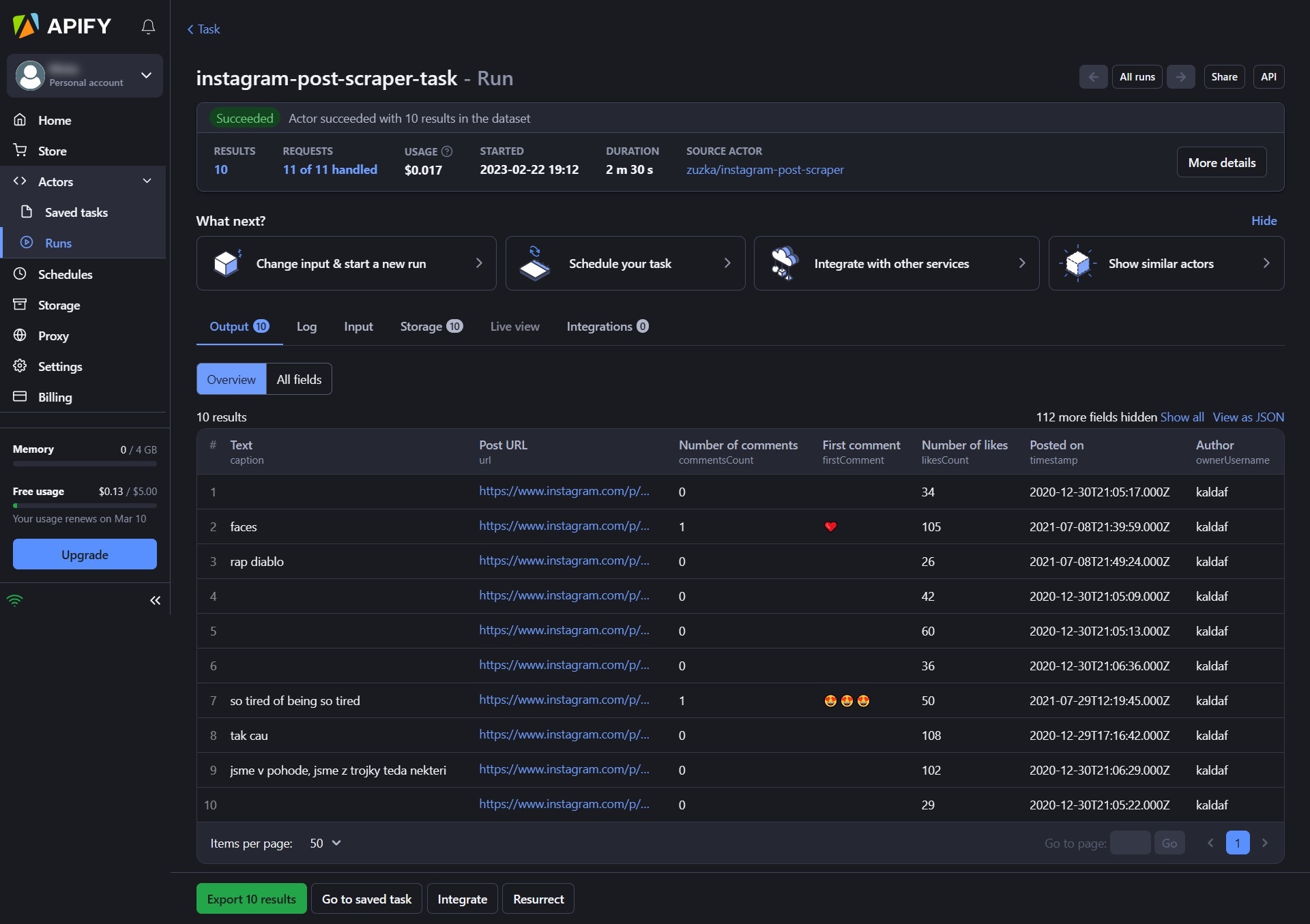 Výsledky Instagram Post Scraper